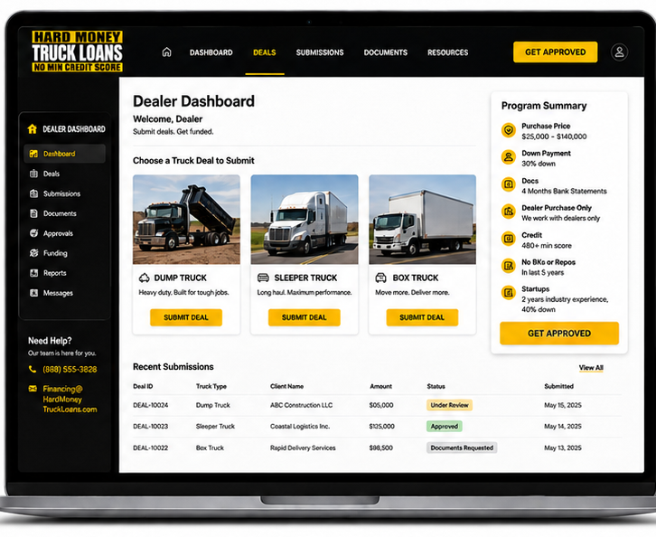 Hard Money Truck Loans dealer dashboard shown on a laptop